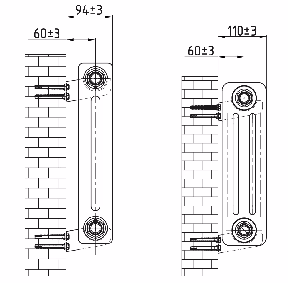 Рекомендуемые расстояния при настенном монтаже радиатора LAVA 2-500